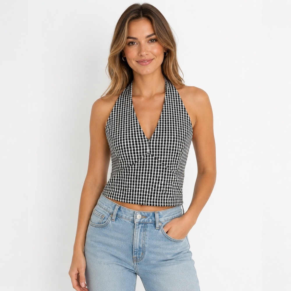 21 Saints Halter Crop Top L Black White Houndstooth Backless V-Neck Mod Summer